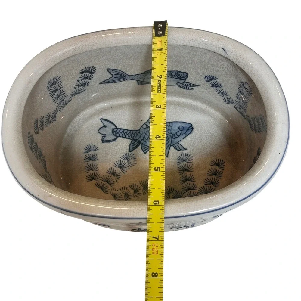 Vintage Blue and White Porcelain Oval Planter Cherub Fish Motif Crackle Glaze